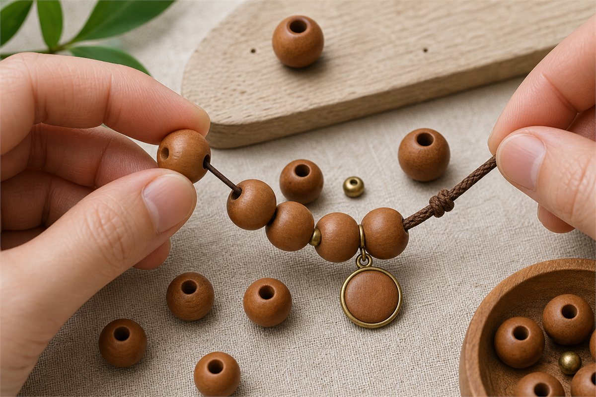 Sandalwood beads with drilled holes, braided cord, knot, spacer, and pendant attachment