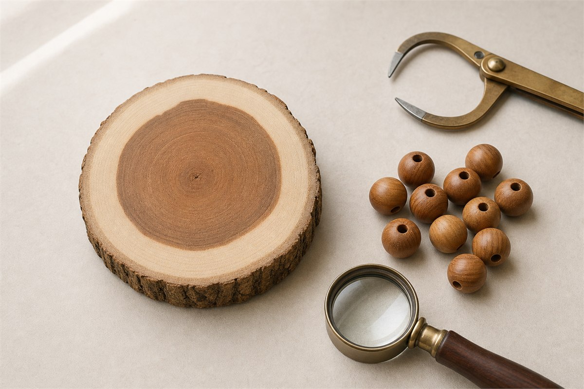 Sandalwood cross-section showing pale sapwood around darker heartwood beside wooden beads