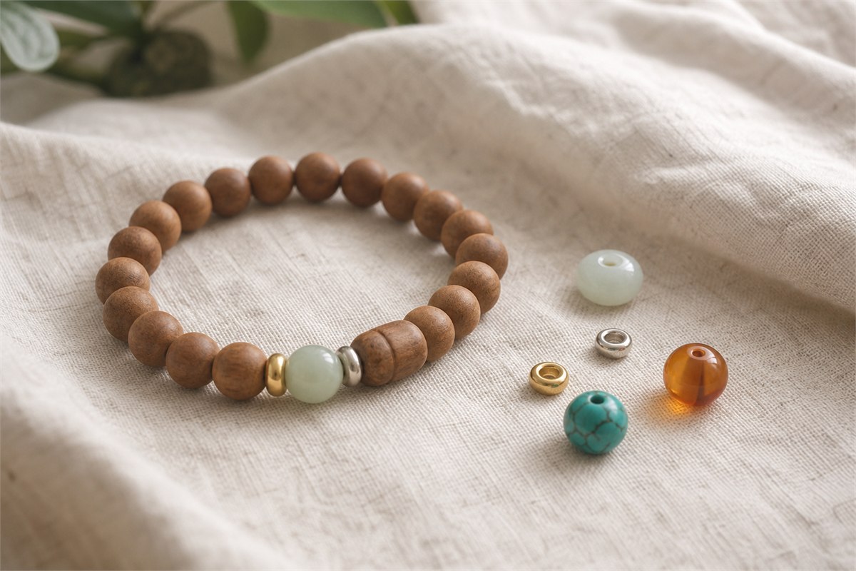 Sandalwood bracelet with separate jade, gold, silver, amber, and turquoise components