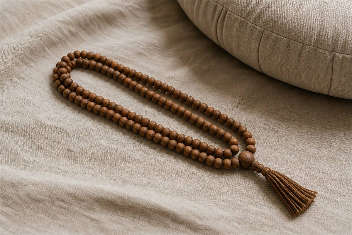 Plain wooden 108-bead mala folded on linen beside a neutral meditation cushion
