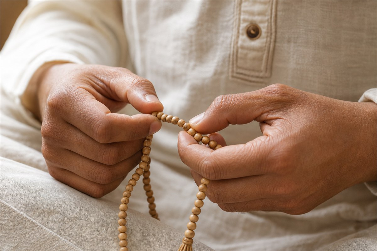 Hands gently counting plain sandalwood prayer beads