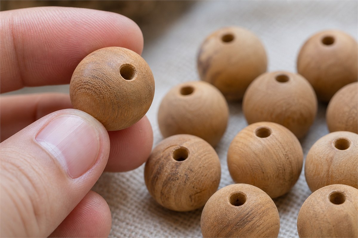 Close view of sandalwood beads showing grain, drilled holes, and matte polished surfaces