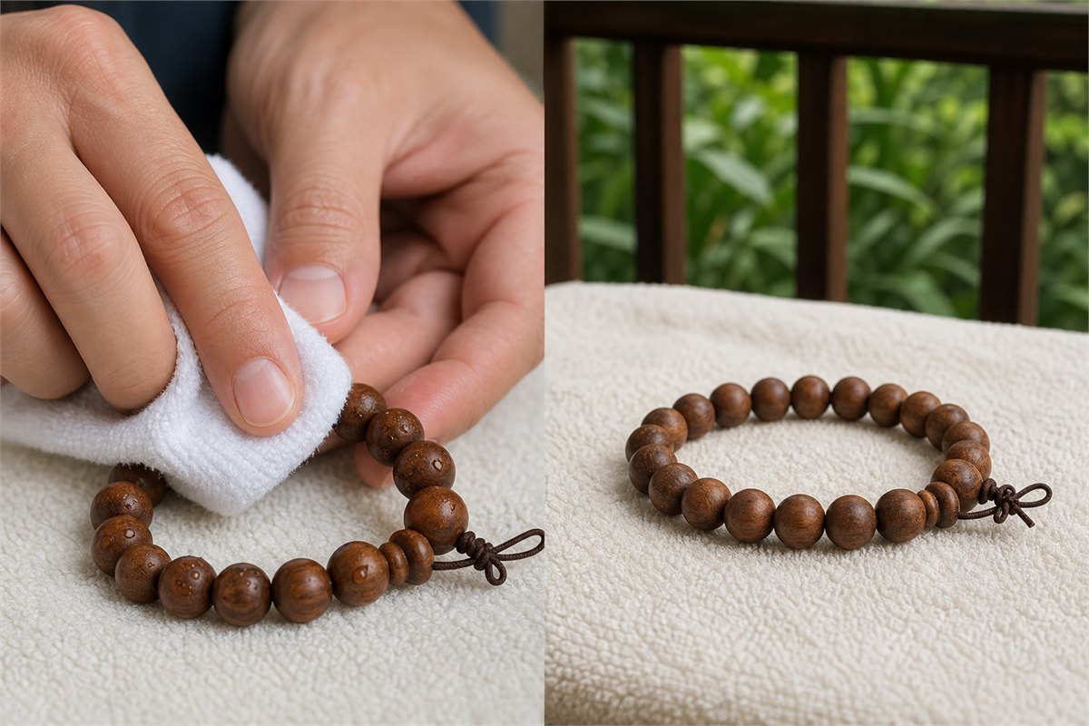 Hands blotting droplets from a wooden bracelet before open shade drying