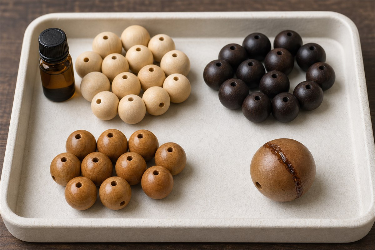 Separate groups of scented, dyed, polished, and resin-filled wooden beads