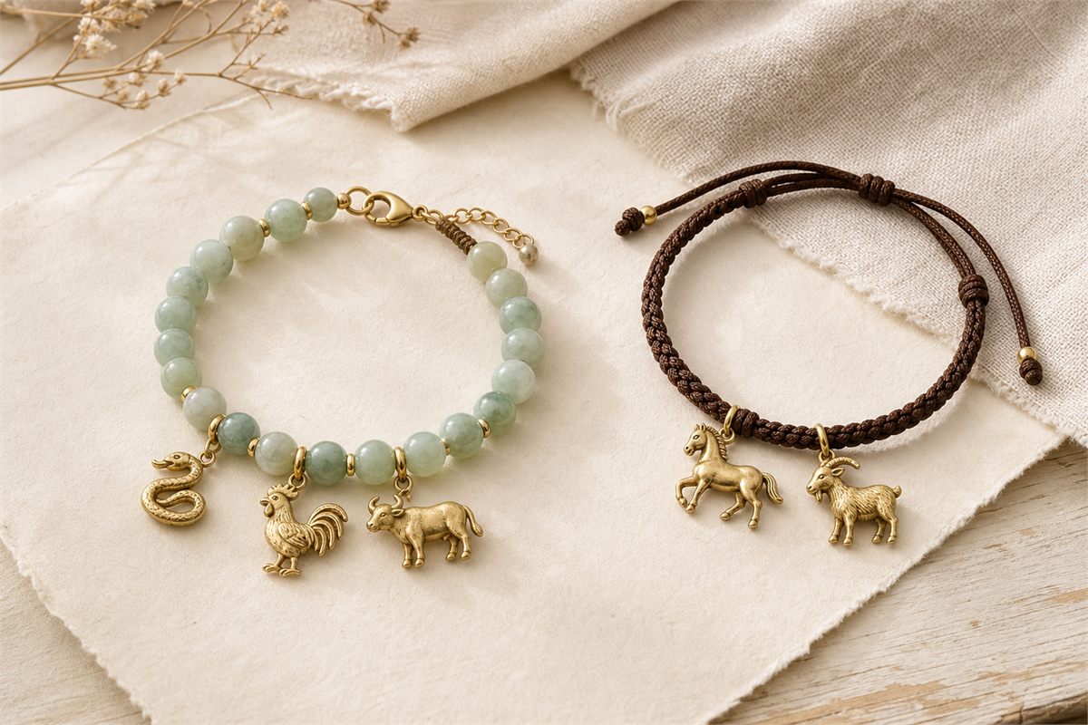 Jade bracelet with Snake, Rooster, and Ox charms beside a cord bracelet with Horse and Goat charms