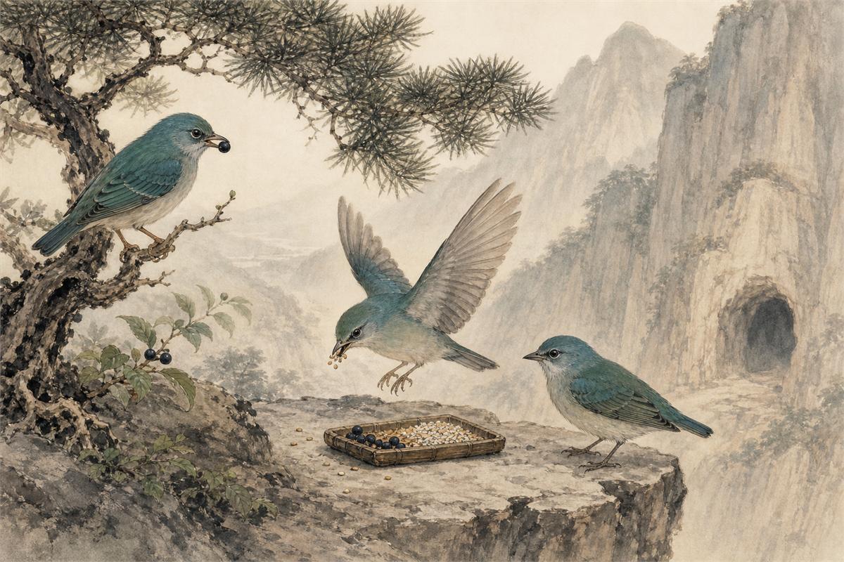 Exactly three small blue-green birds bring berries and seeds to a rocky food tray