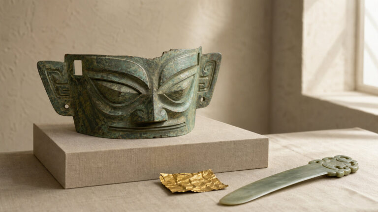 Bronze mask study replica beside separated gold foil and jade objects in a warm museum setting