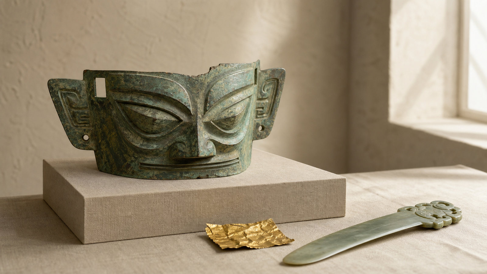 Bronze mask study replica beside separated gold foil and jade objects in a warm museum setting