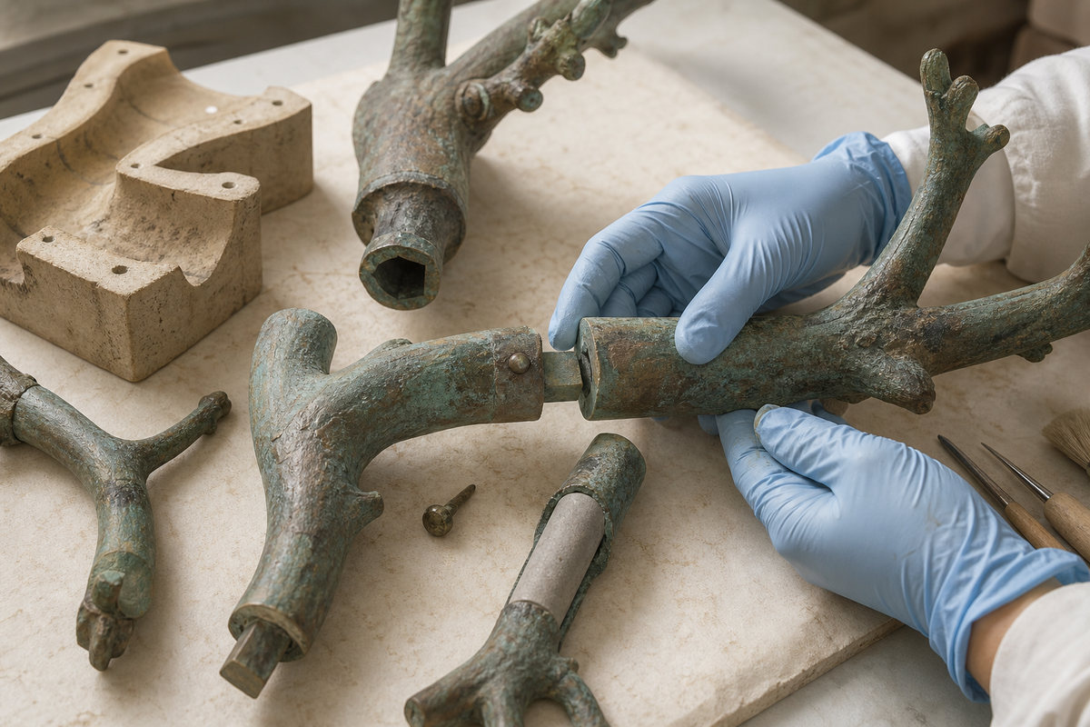 Gloved hands aligning separately cast bronze branch replica sections with visible joins and support pieces