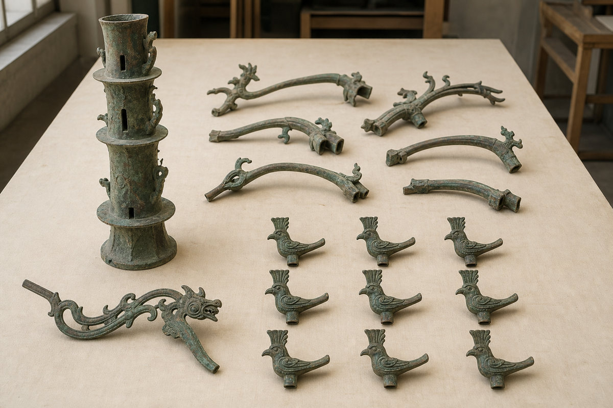 Incomplete bronze trunk and branch study pieces beside exactly nine separate bronze bird replicas and a dragon fragment