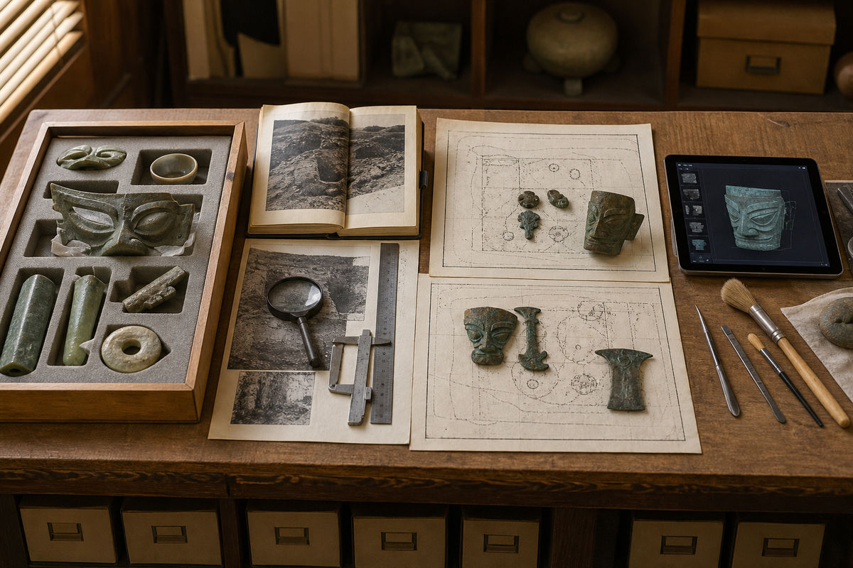 Archive table with jade study objects, field photographs, excavation plans, measuring tools, and a digital record