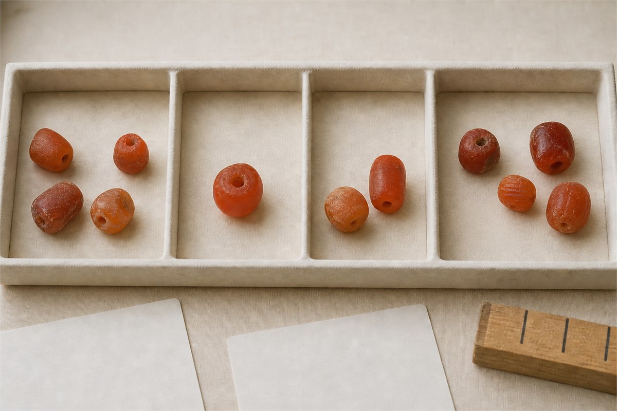 Eleven worn carnelian beads arranged in four archival compartments as groups of four, one, two, and four