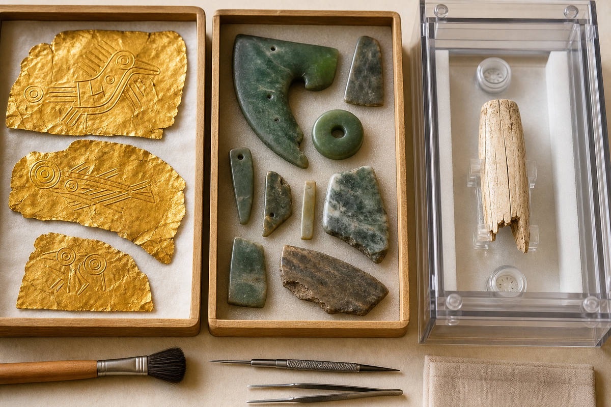 Separate trays of hammered gold foil and jade study pieces beside an ivory fragment in a clear conservation case