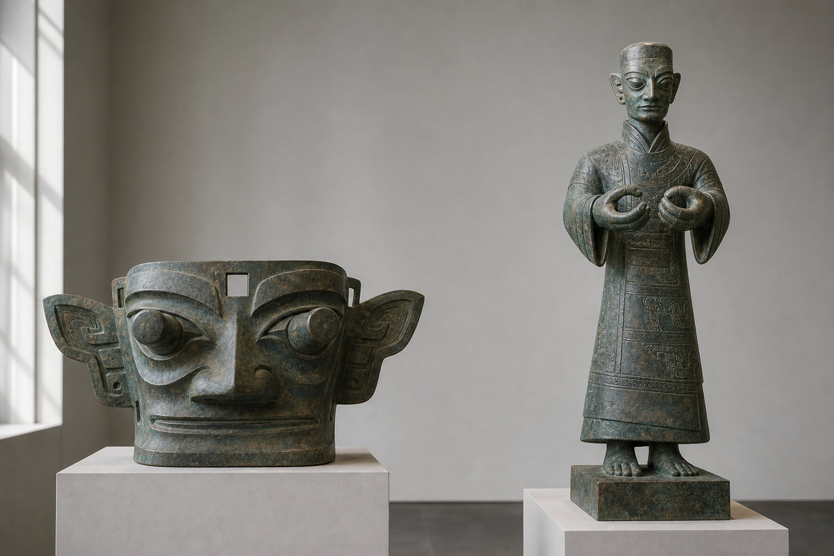Separate protruding-eye mask and robed standing figure study replicas with the figure’s ring-shaped hands empty