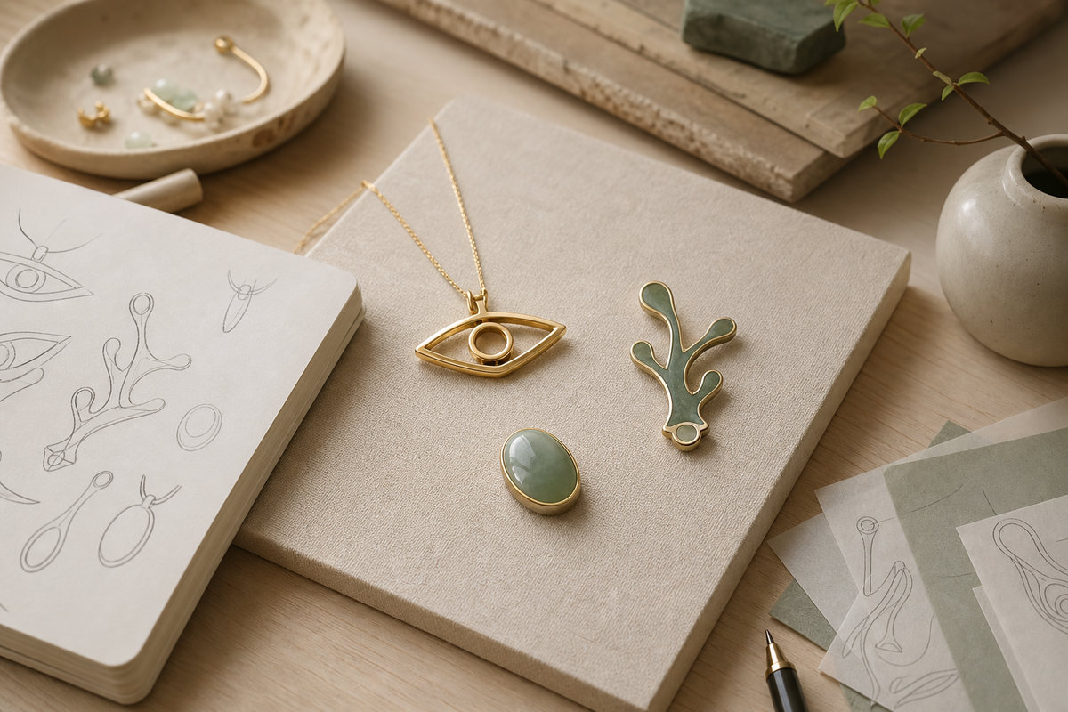 Modern gold eye-outline pendant, muted green enamel branch brooch, and jadeite cabochon on a designer’s table