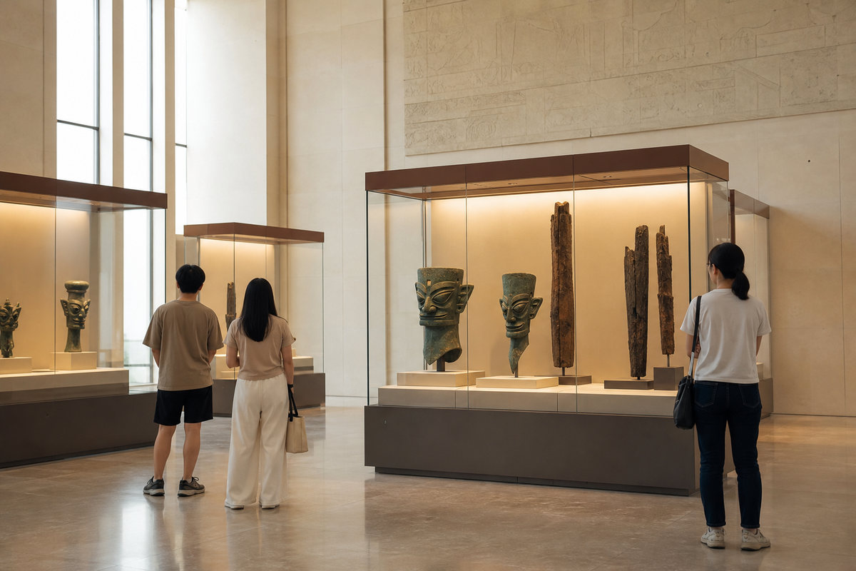Visitors viewing separated bronze study displays in a spacious warm-neutral archaeology gallery
