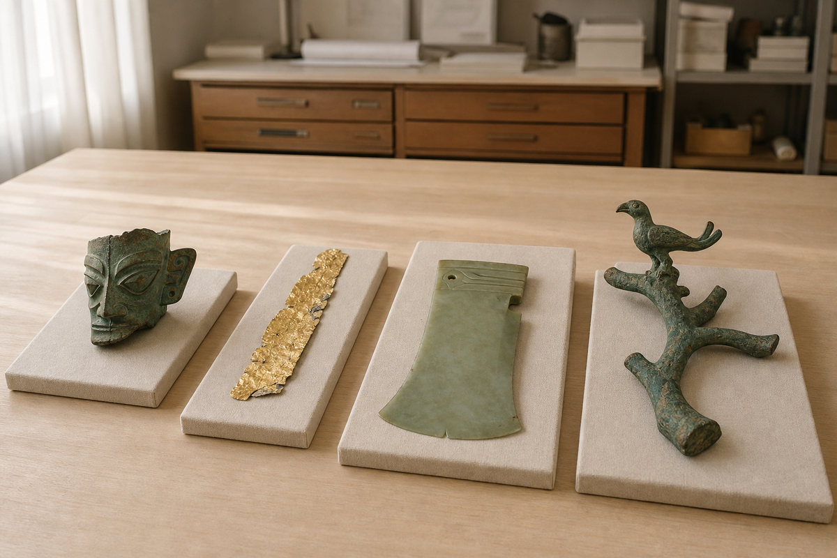 Separated bronze head, gold foil, jade blade, and bronze bird branch study replicas on neutral supports
