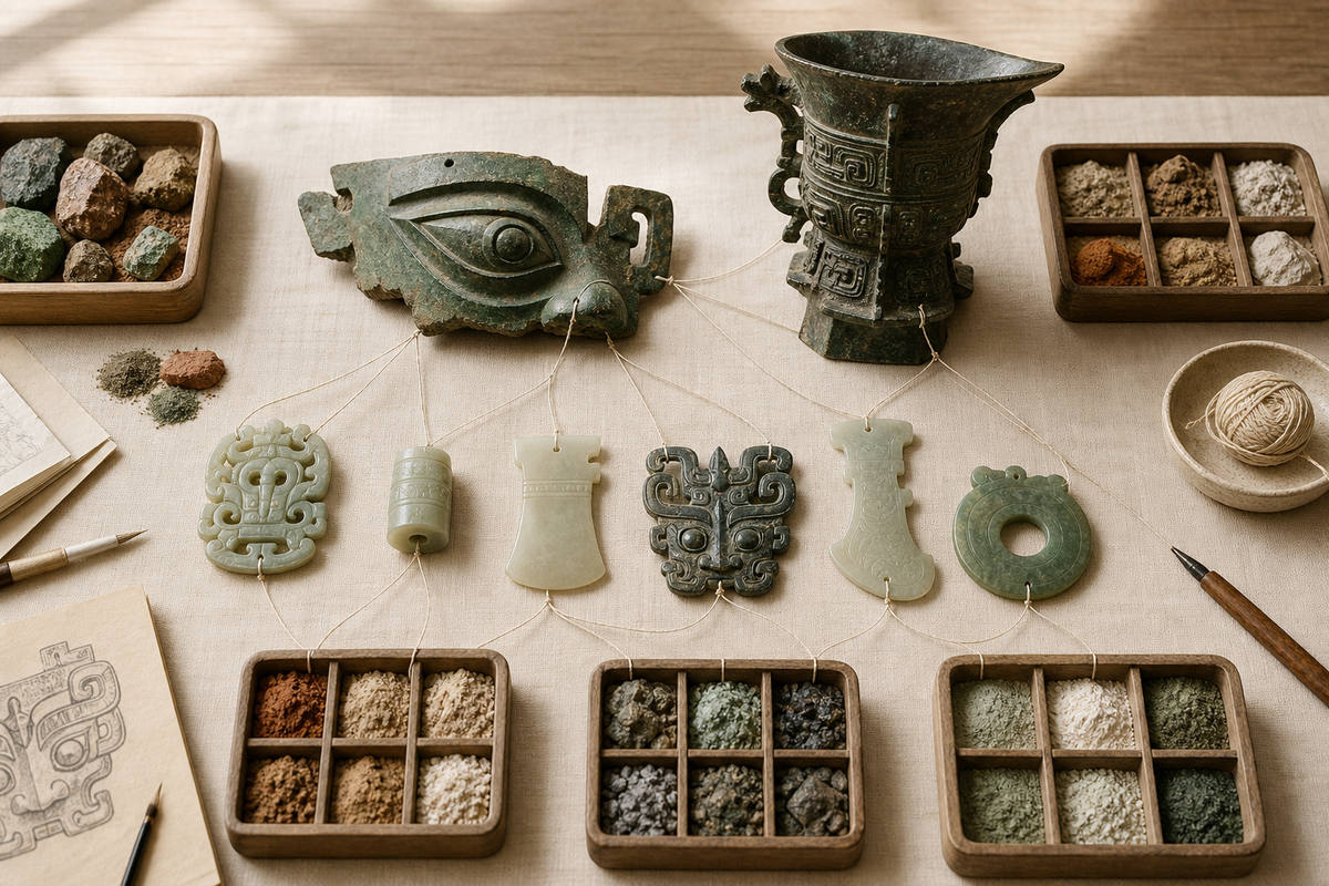 Bronze eye fragment, vessel, jade form replicas, and mineral samples arranged for comparative study