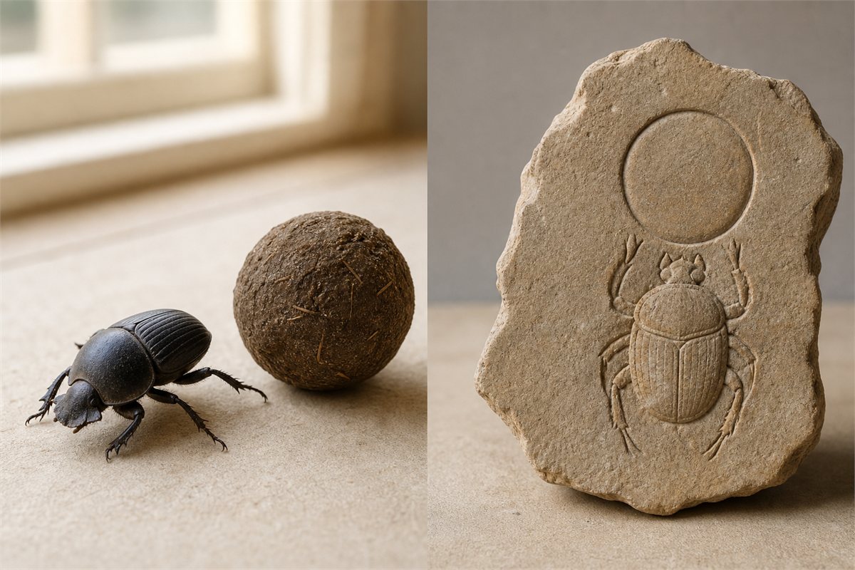 Dung beetle beside a round ball paired with a limestone scarab-and-solar-disk relief