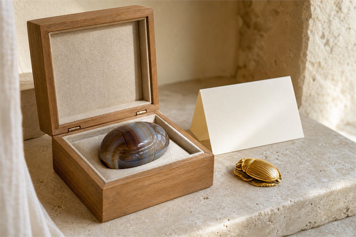 Banded agate scarab in a wood-and-linen box beside a gold scarab brooch and blank card.