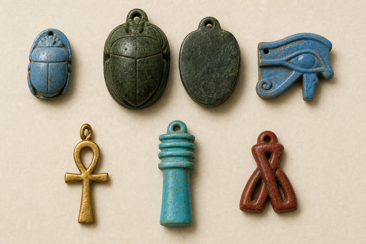 Blue scarab, green heart scarab, wedjat eye, gold ankh, blue djed pillar, and red tyet knot amulets