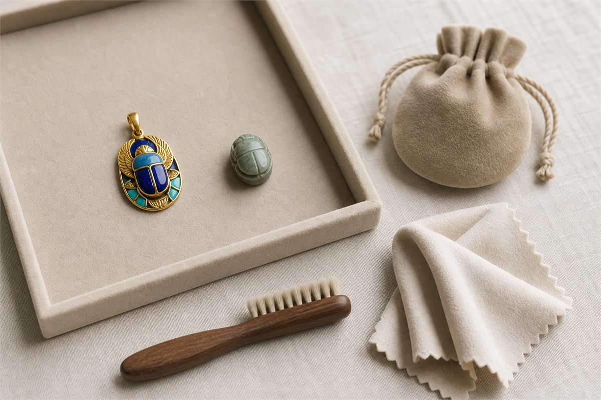 Gold and enamel scarab pendant, stone scarab, soft cloth, brush and padded pouch on ivory linen