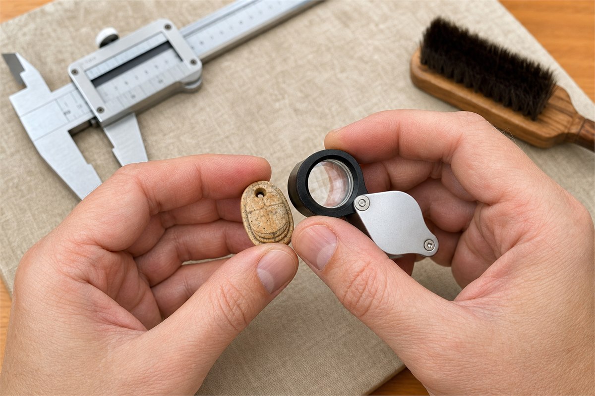 Two hands examining a small scarab with a jeweler's loupe beside calipers and a soft brush