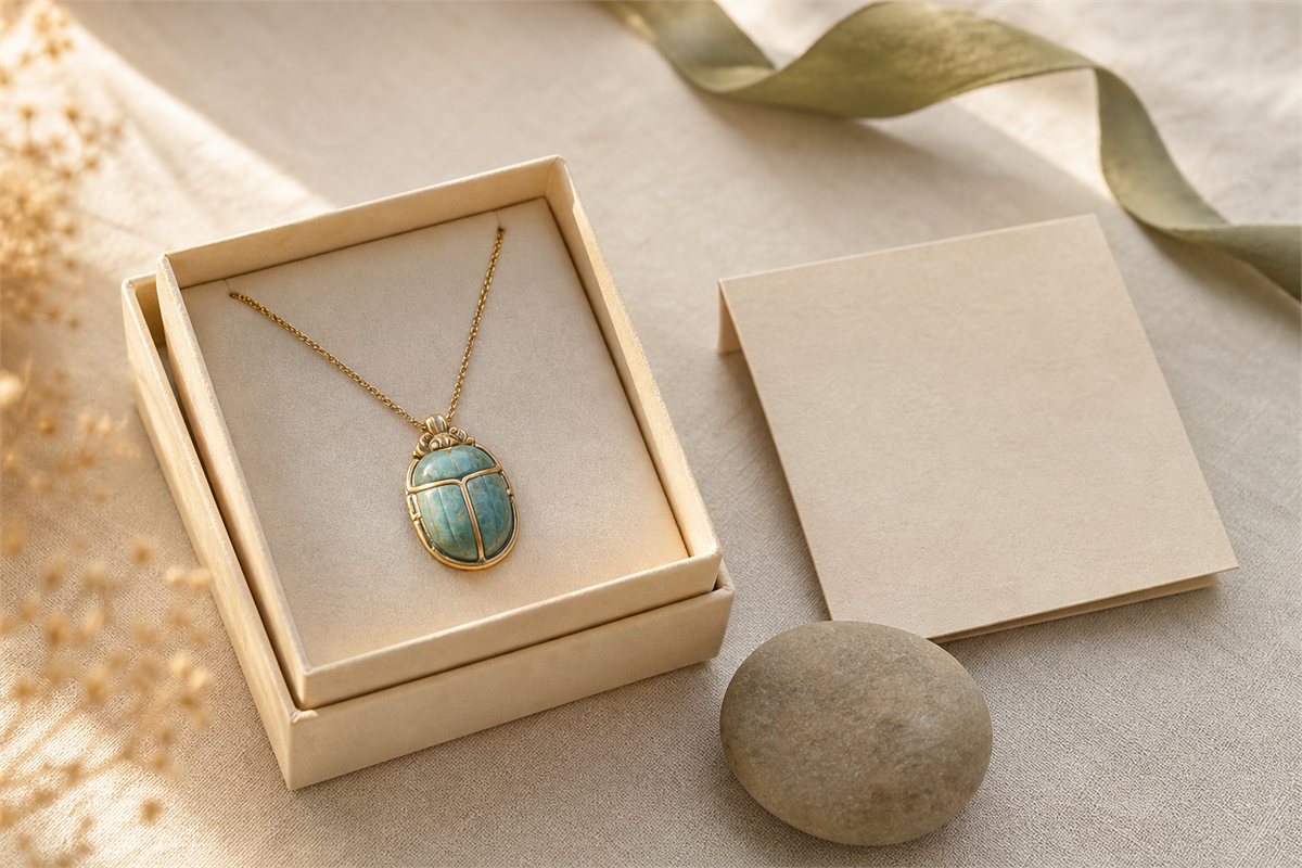 Muted turquoise and gold scarab pendant in an ivory gift box beside a blank card and smooth stone