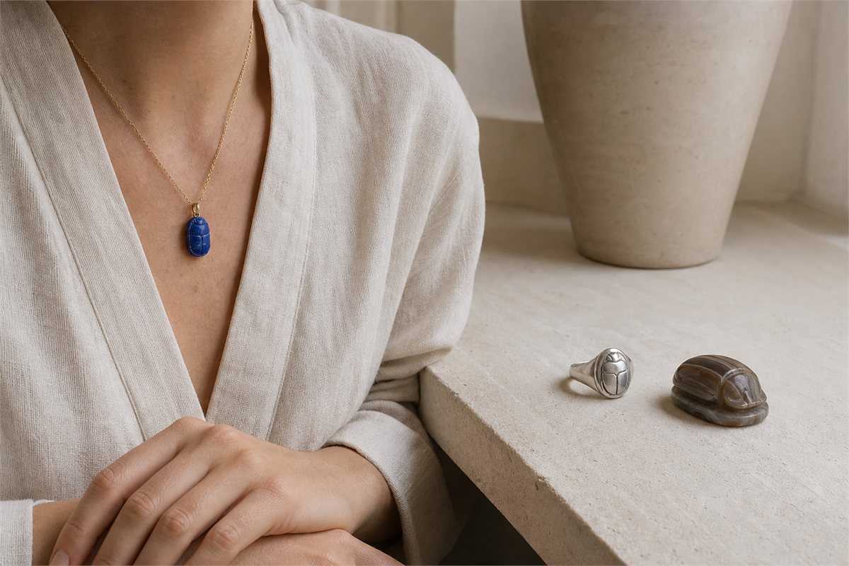 Person wearing a lapis scarab pendant beside a silver scarab ring and banded agate carving.