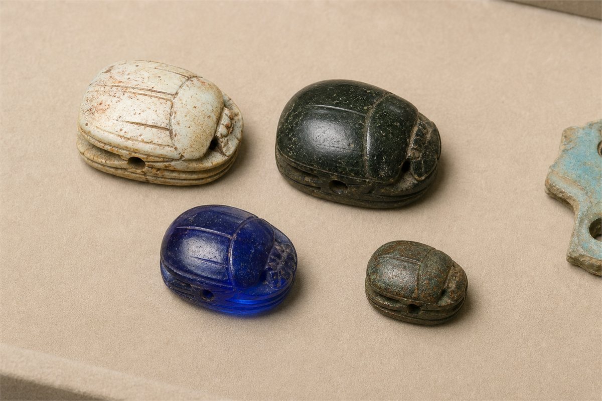 Glazed steatite, dark stone, cobalt glass, and bronze scarab objects on a museum tray