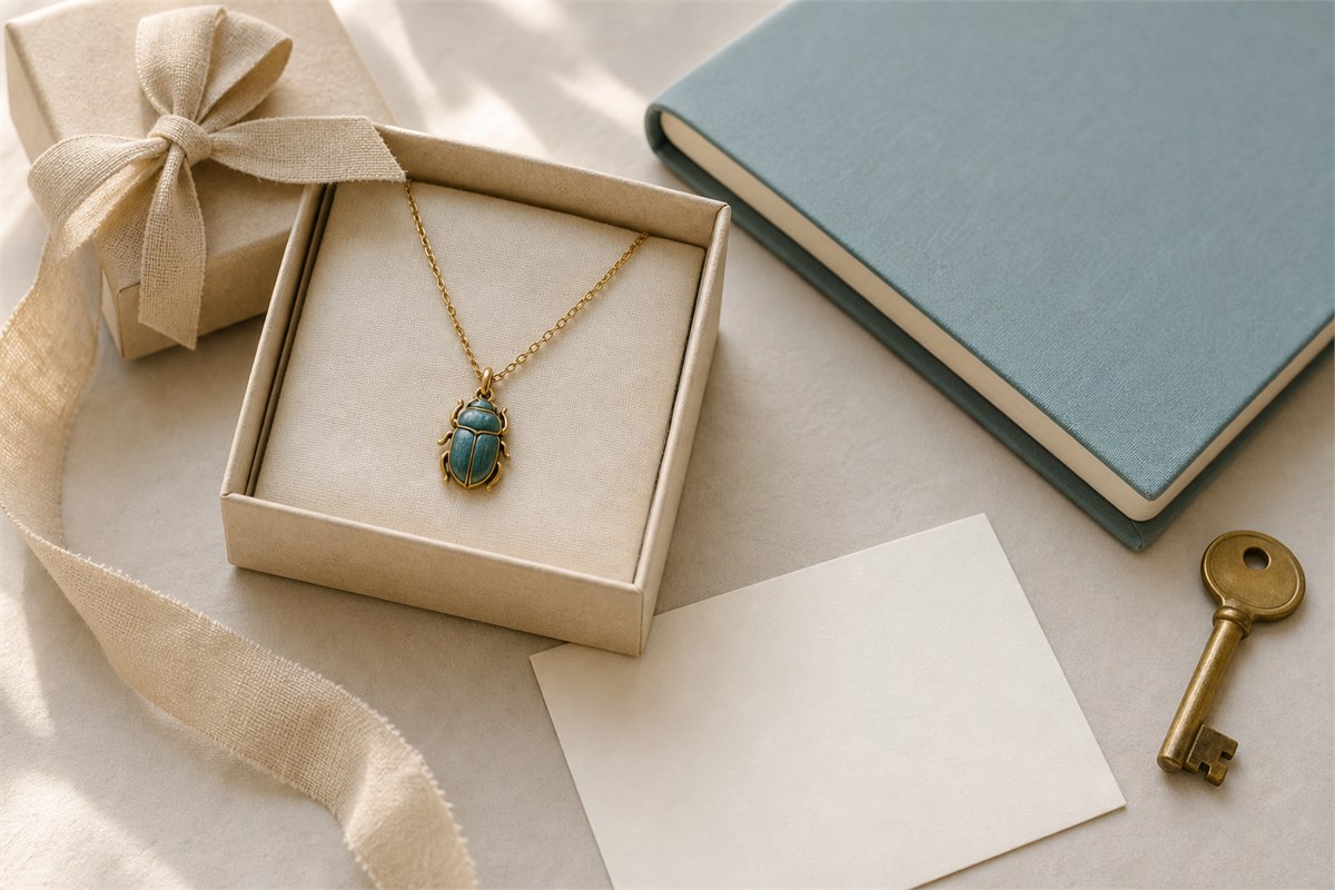 Blue-green scarab pendant in a neutral gift box beside a blank card, notebook, and key.