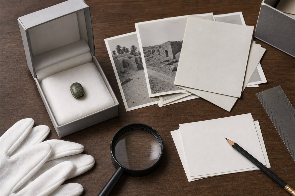 Plain-topped scarab in a padded box with blank cards, archival site photographs, gloves, ruler and magnifier