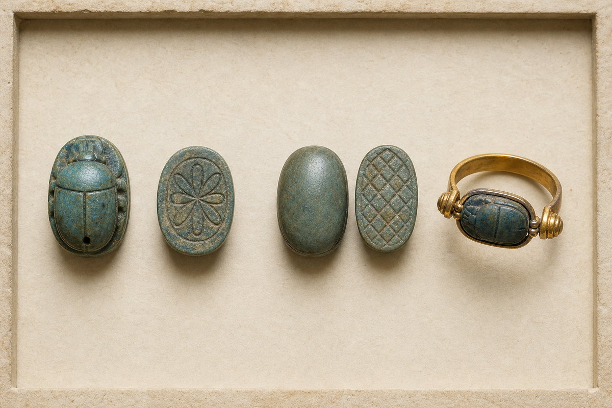 Scarab front and rosette underside, plain scaraboid with crosshatched reverse, and gold scarab swivel seal ring