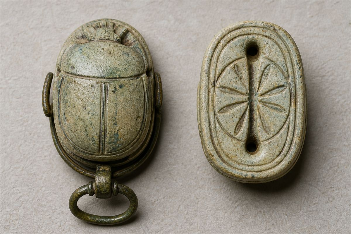 Two study views of a worn glazed scarab showing its domed back, flat geometric base, and drill holes