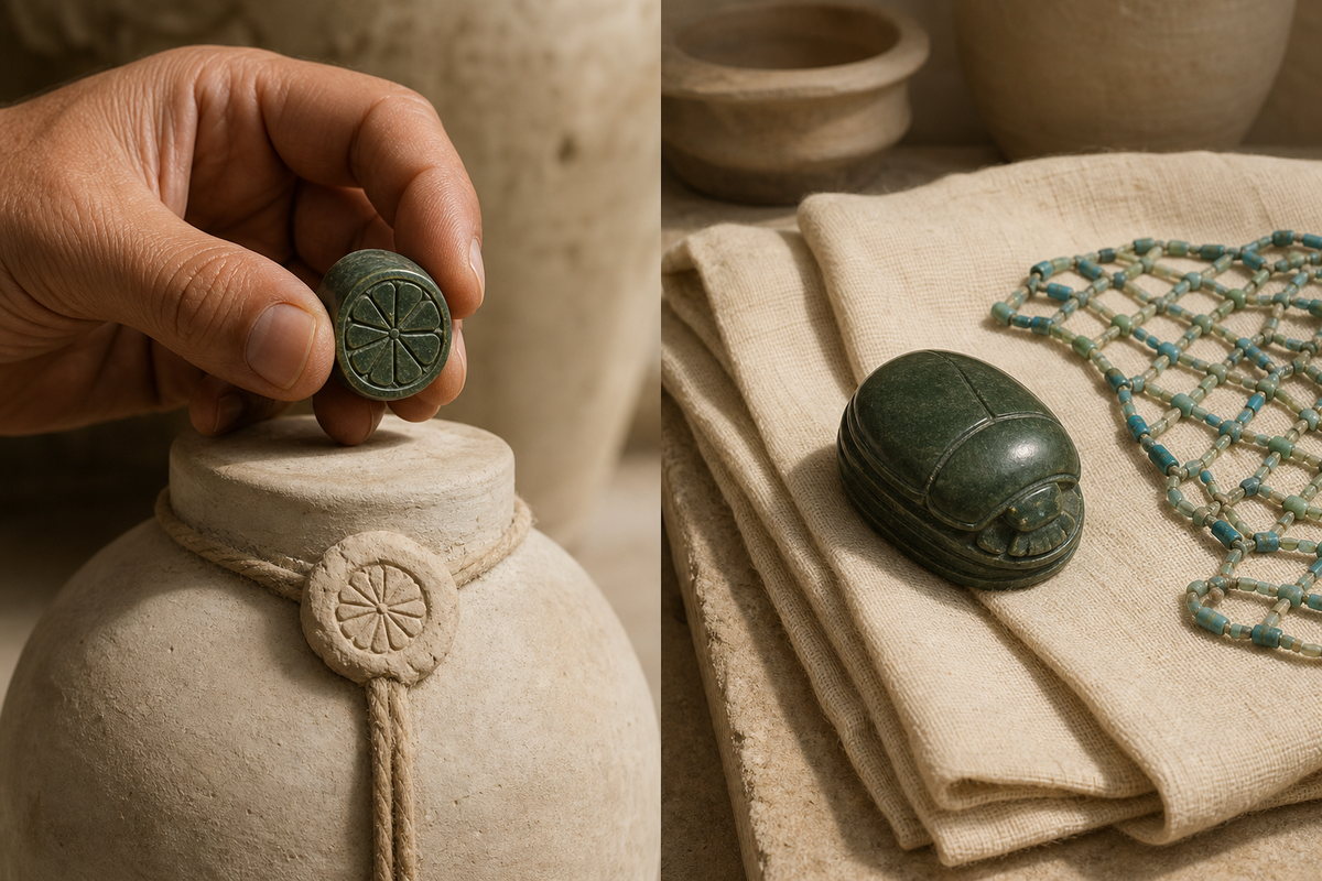 Small scarab seal with rosette clay impression beside a large green heart scarab and funerary beadwork