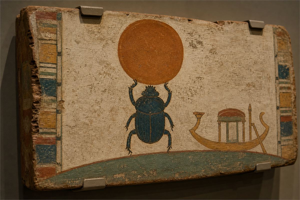 Painted funerary panel with a scarab beneath a solar disk and a small solar boat