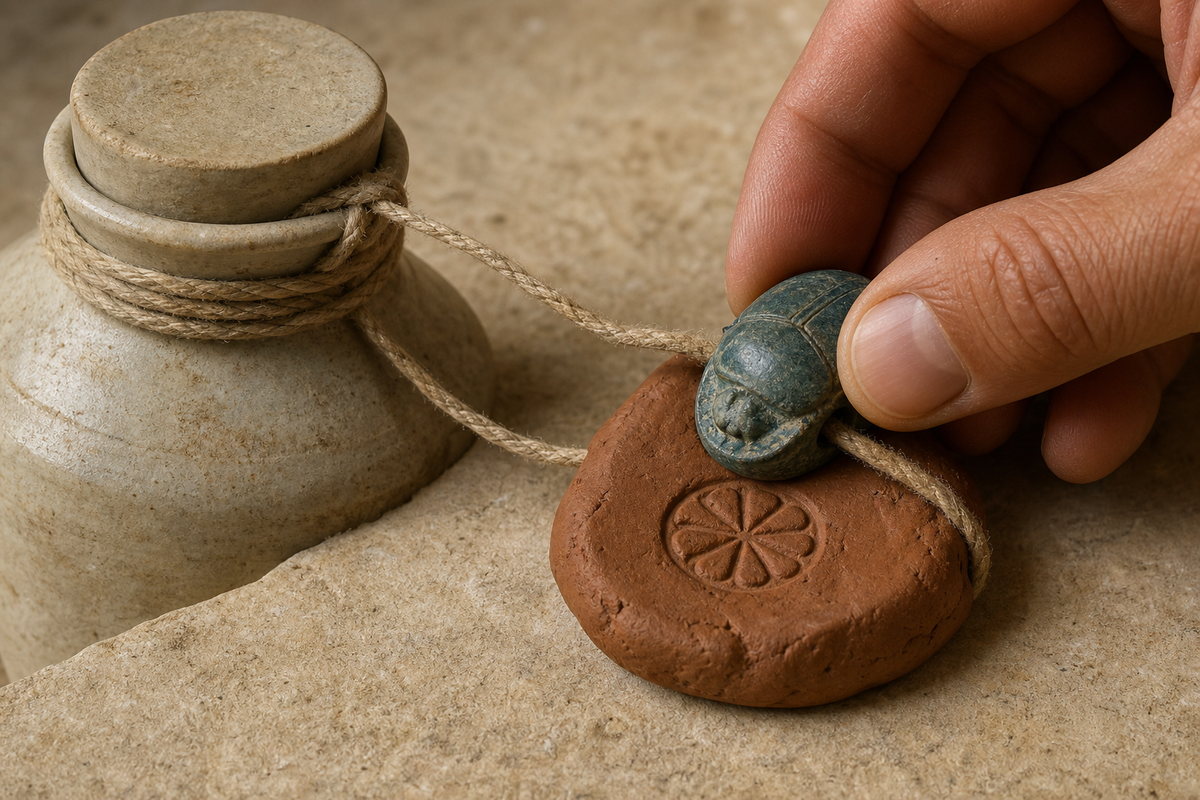 Hand pressing a blue-green scarab seal into clay attached to linen cord around a ceramic jar stopper