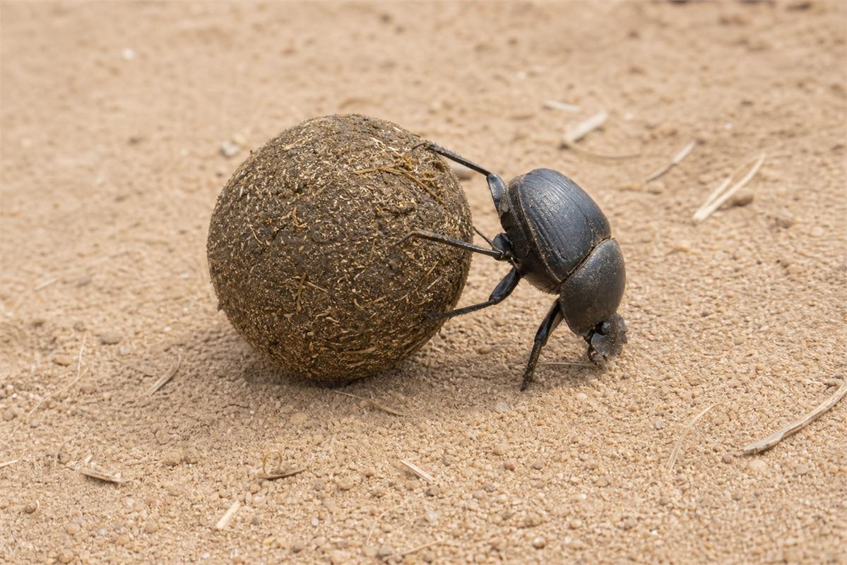Black dung beetle using its hind legs to roll a round dung ball across sandy ground