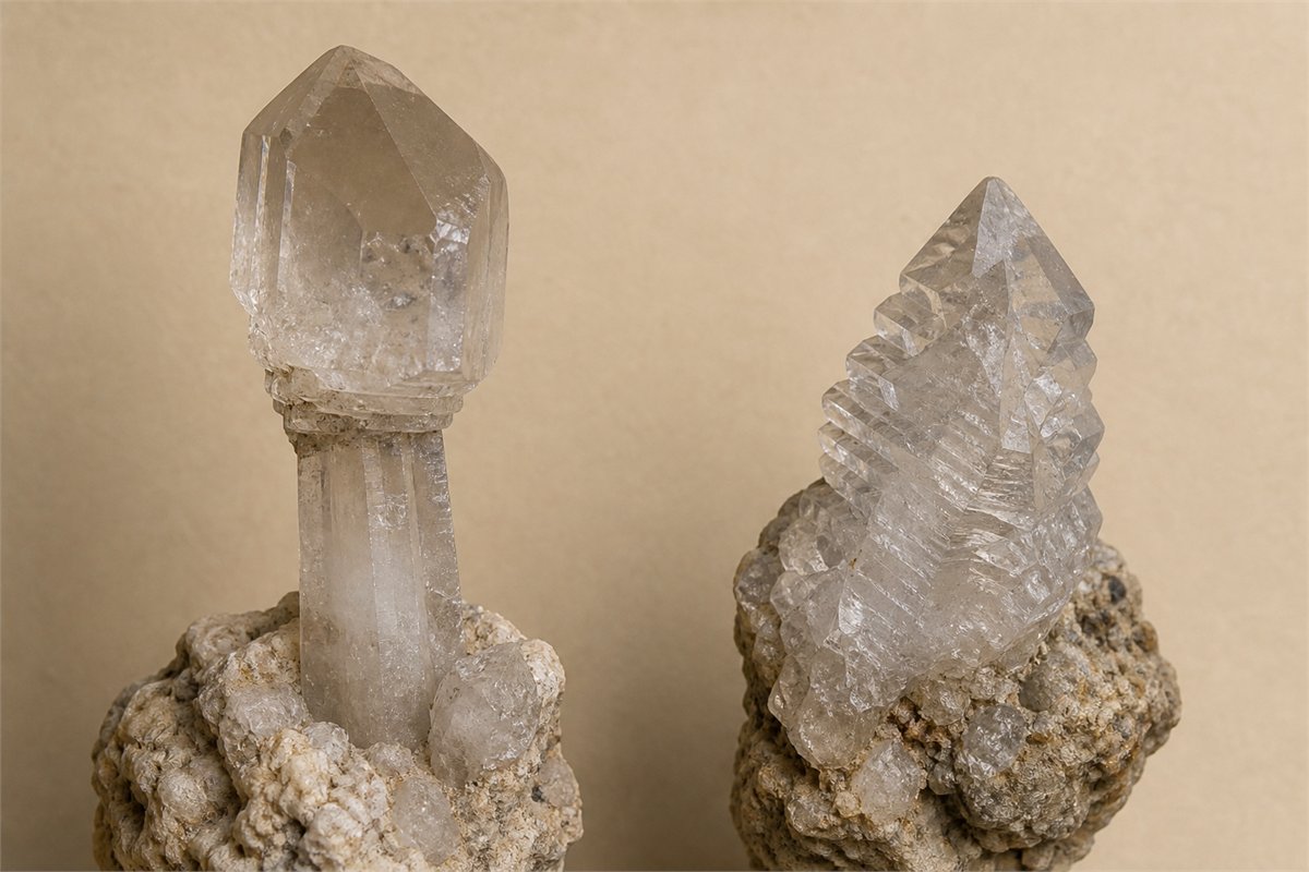 Scepter quartz with a wider later crystal head beside stepped skeletal quartz on matrix