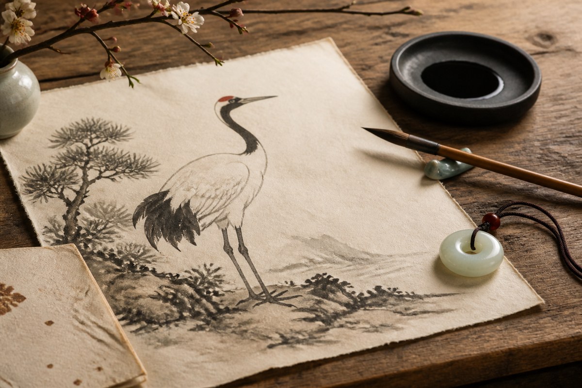 Crane ink motif with brush, inkstone, plum branch, and pale jade charm for purity and elegance