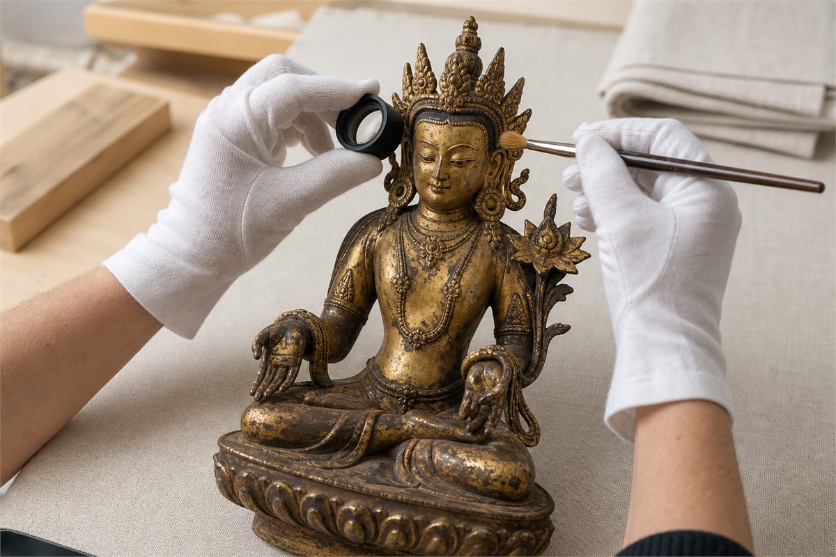 Gloved conservator hands examining the crown and lotus details of a bodhisattva study sculpture