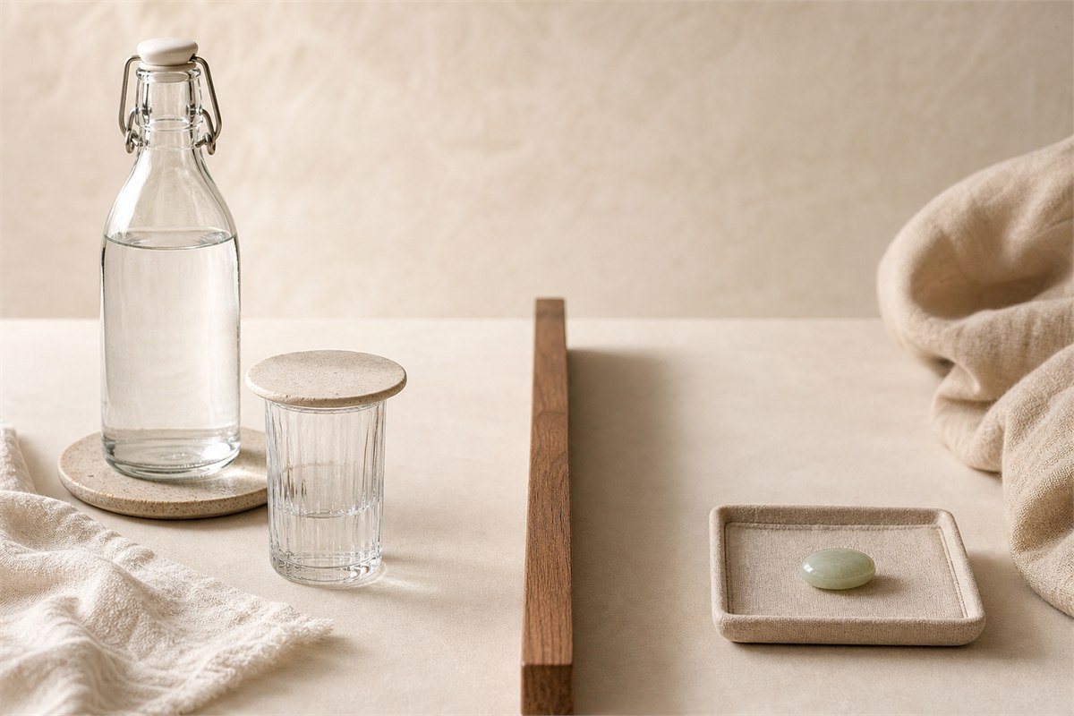 Sealed water bottle and covered glass separated by a wooden divider from a dry polished stone on its own padded tray