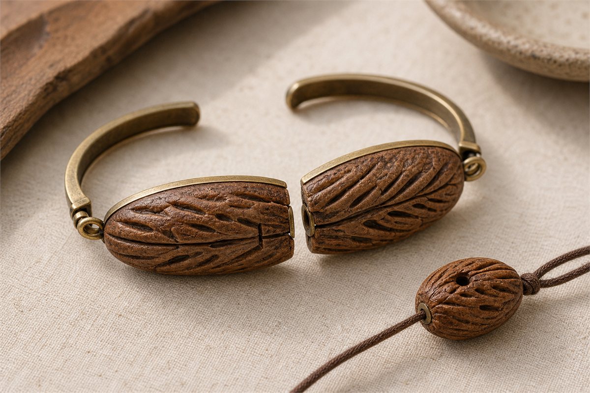 Carved olive-pit panels mounted on open brass bracelet sections beside a corded pit bead