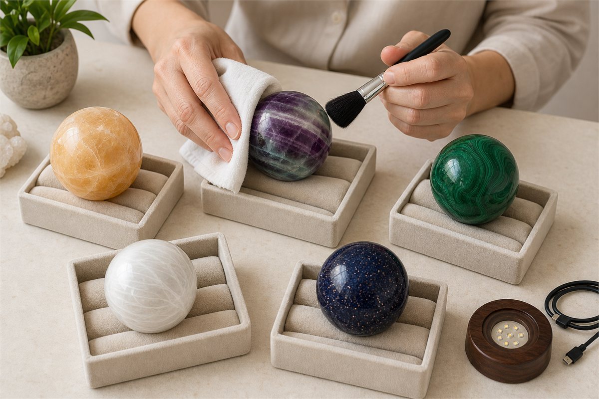 Fluorite, calcite, coated composite, and unplugged LED sphere being dusted with separate soft lint-free cloths
