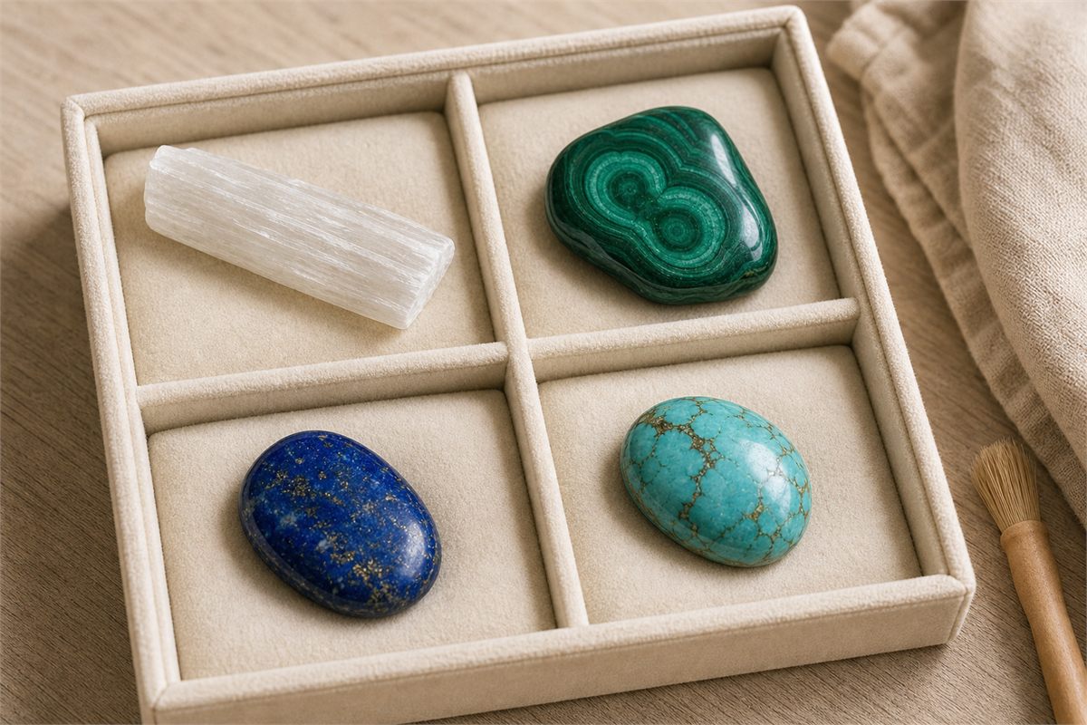Selenite, banded malachite, lapis lazuli, and turquoise resting dry in four separate padded compartments