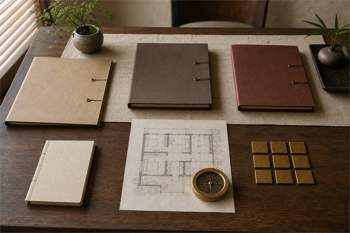 Study table with separate notebooks, a floor plan, a compass, and a nine-tile grid