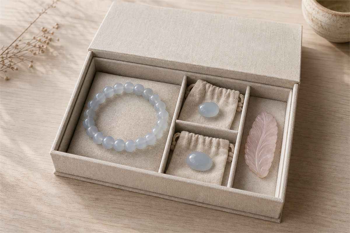 Chalcedony bracelet, cabochons, and pink leaf carving separated in a padded jewelry box