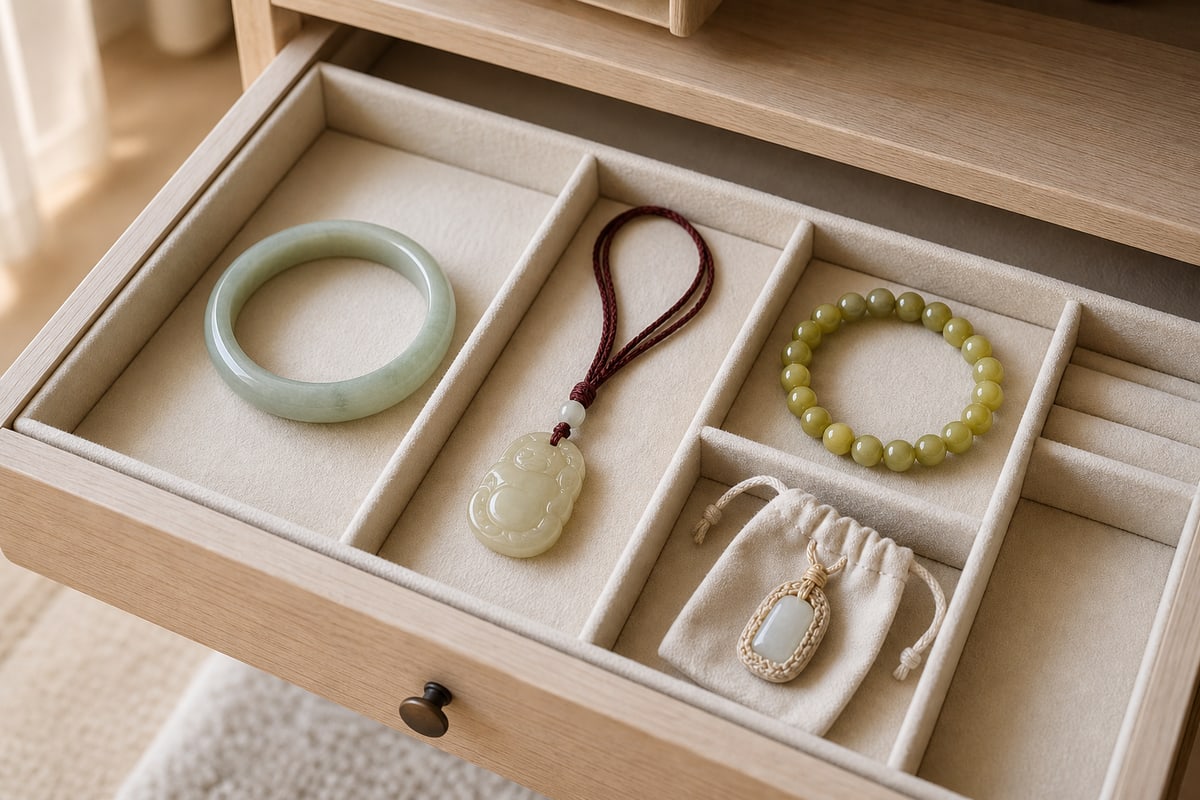 Jade bangle, nephrite cord pendant, serpentine bead bracelet, and mounted pale jade stored in separate padded compartments