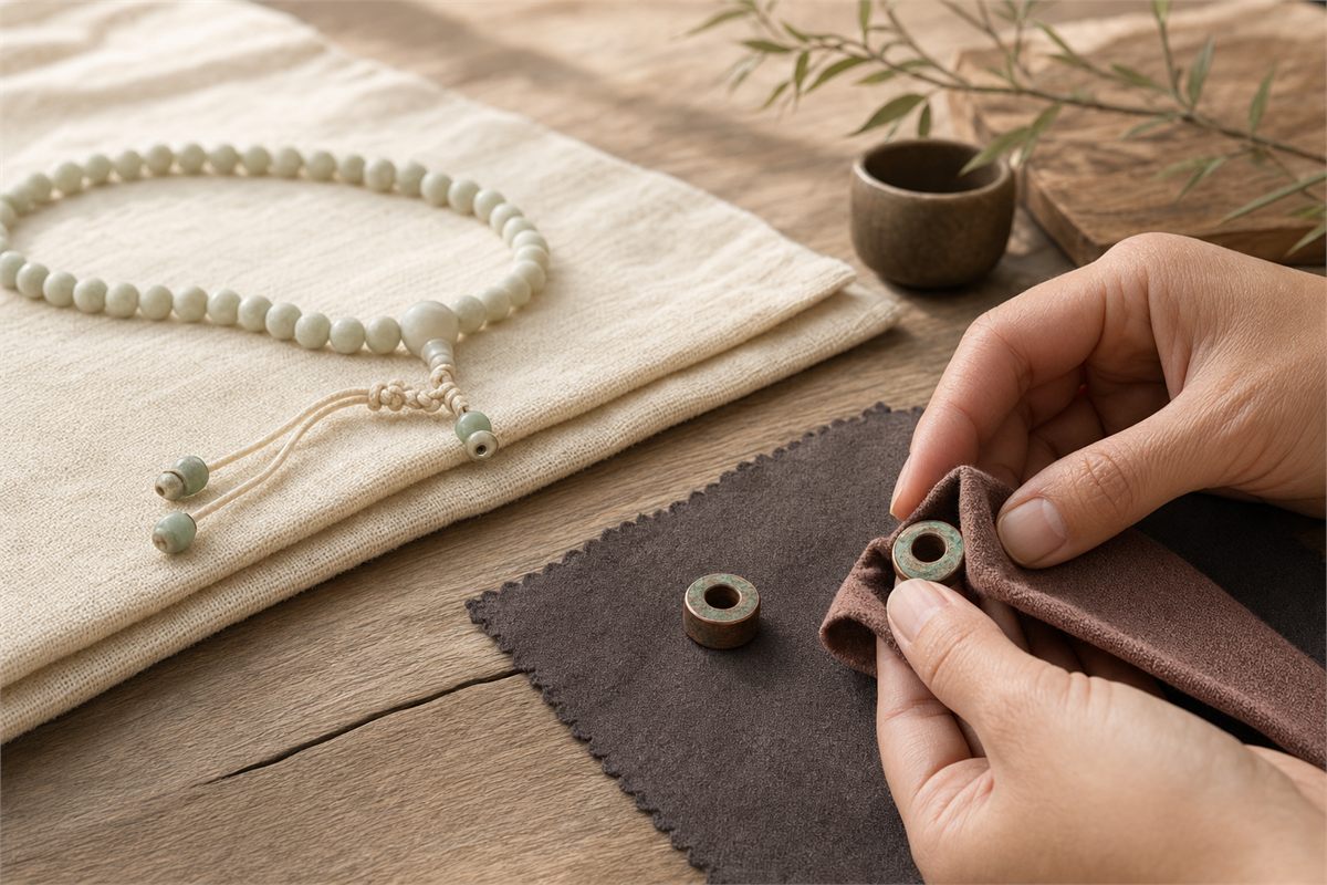 Hands cleaning removed copper spacers with a dry cloth away from a pale bead strand