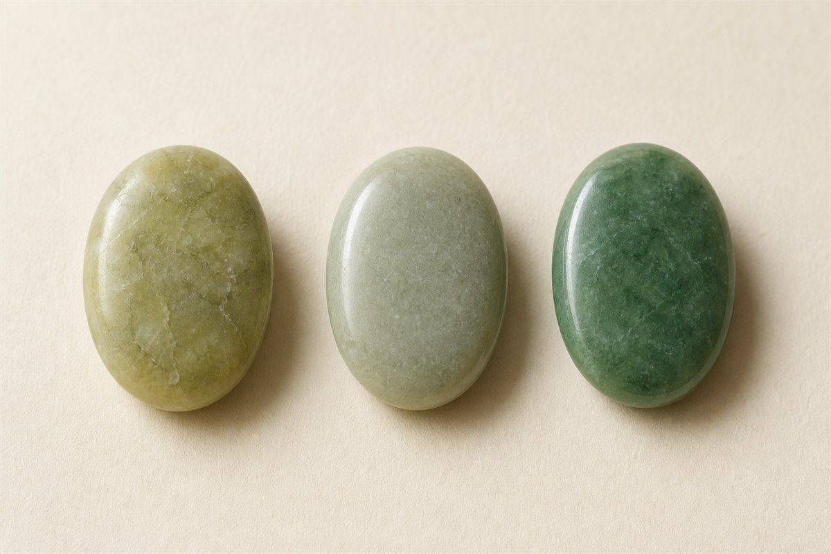 Matched polished serpentine-rich Xiuyu, nephrite and jadeite samples under neutral light